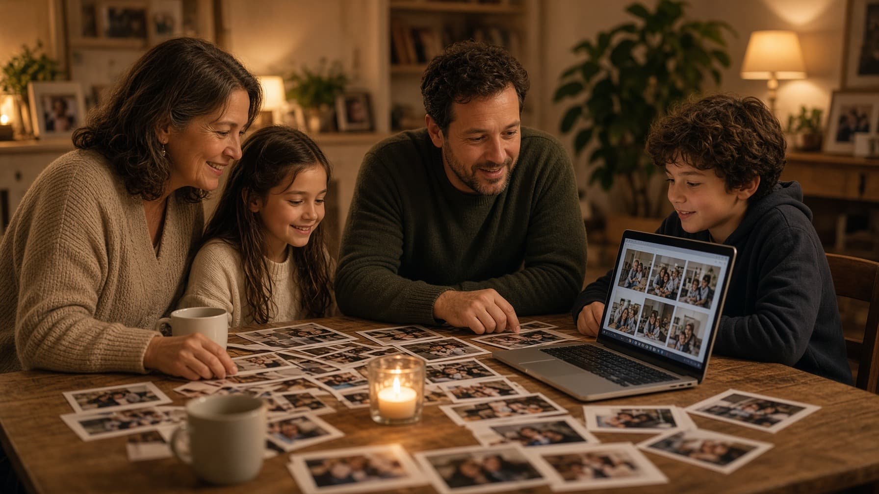 Een familie bekijkt samen aan de keukentafel oude foto's en de presentatie op een laptop (AI-illustratie)