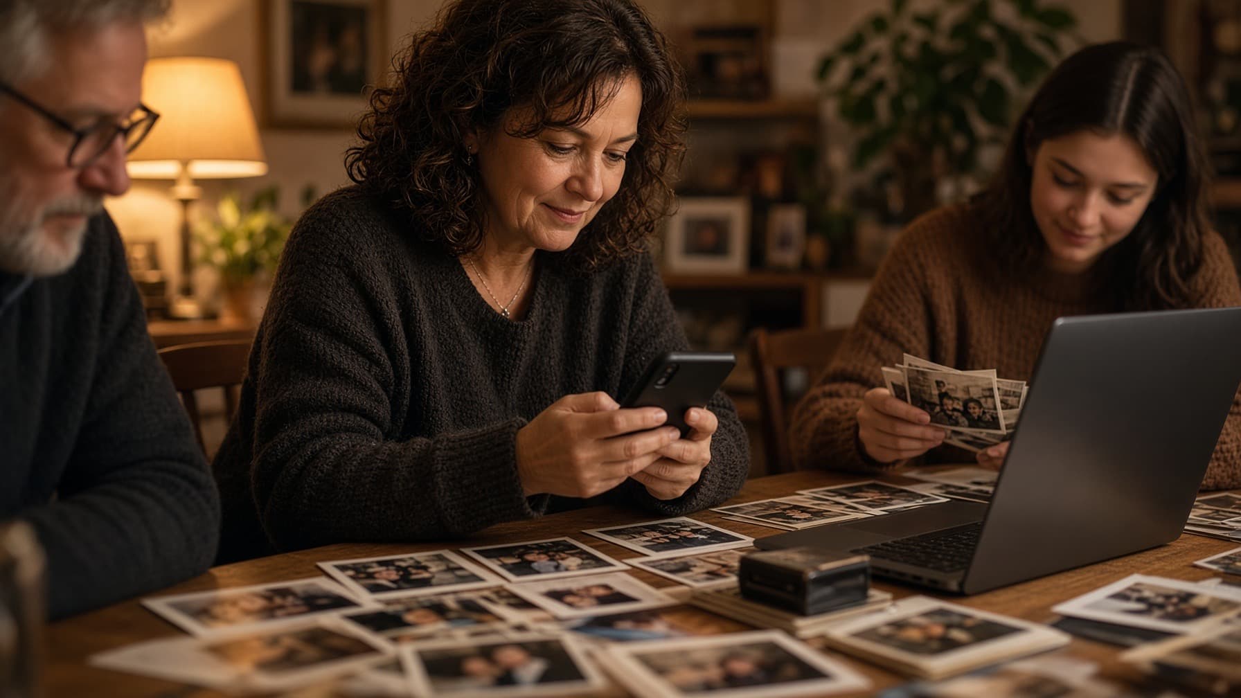 A woman at a table adds photos with her phone, next to piles of old prints (AI illustration)