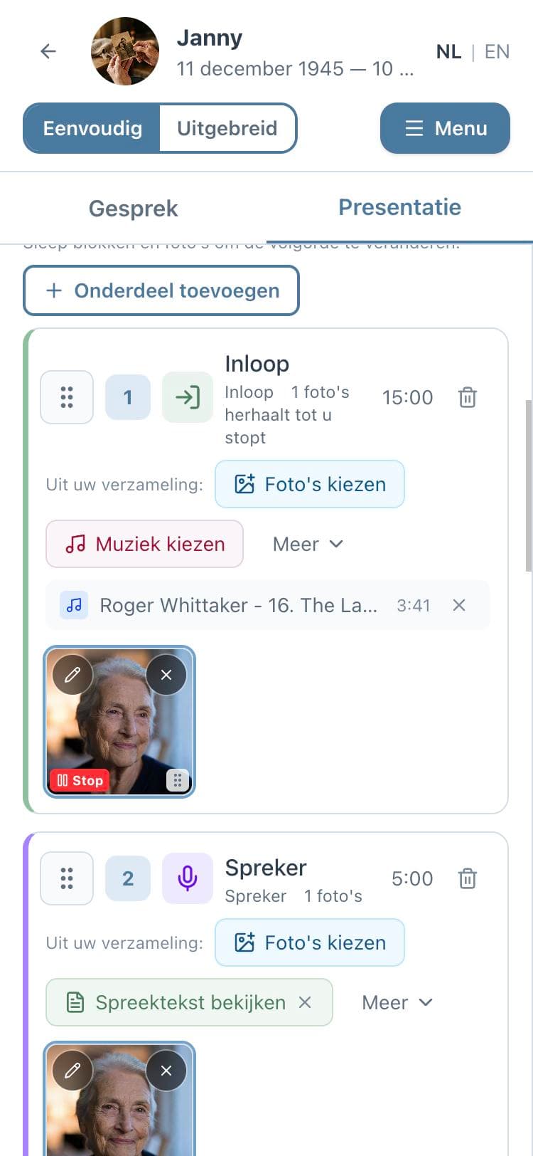 De presentatie op een telefoon, opgebouwd uit onderdelen: inloop met muziek en een spreker met spreektekst