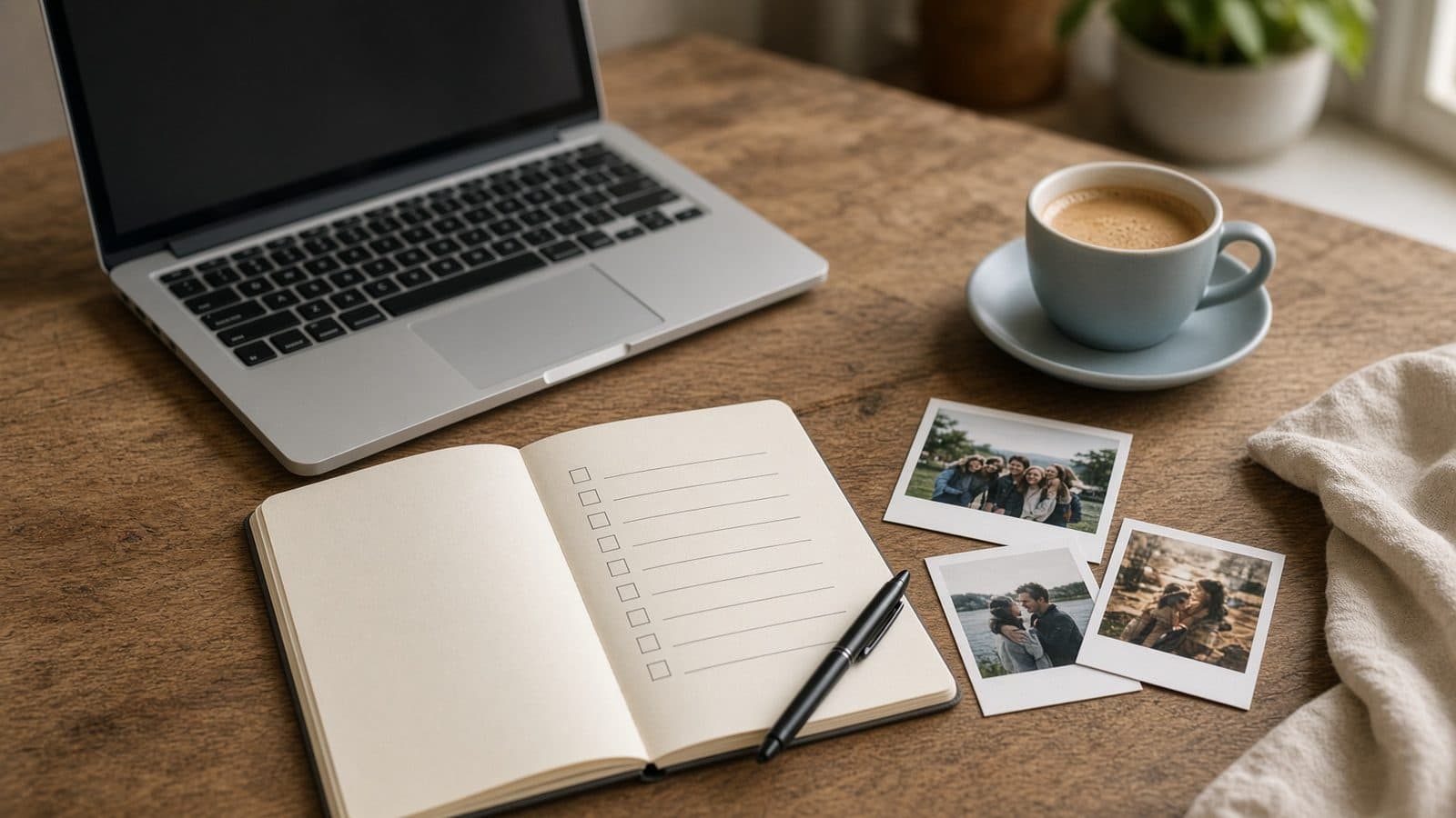 Een tafel met een laptop, een notitieboek met een afvinklijst, foto's en een kop koffie (AI-illustratie)