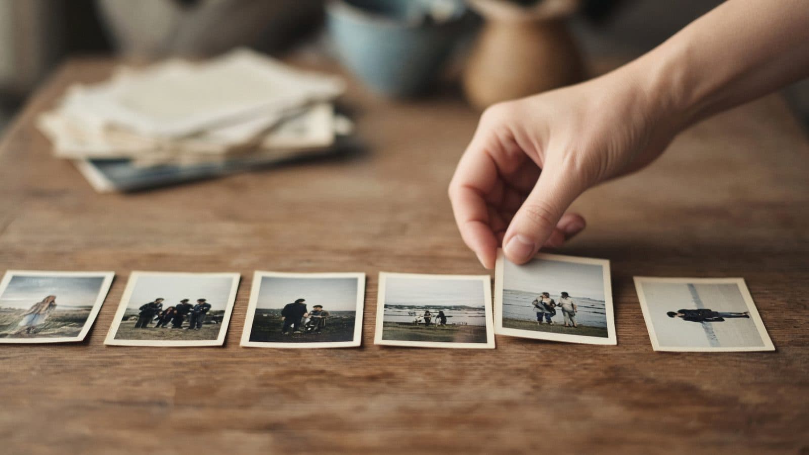 Een hand legt afgedrukte foto's in een rij op een houten tafel (AI-illustratie)