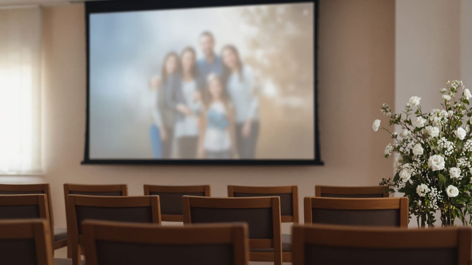 A screen in a light hall showing a family photo, with empty chairs and white flowers (AI illustration)