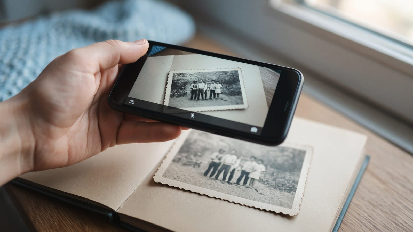 A hand photographing an old black-and-white photo in an album with a phone (AI illustration)