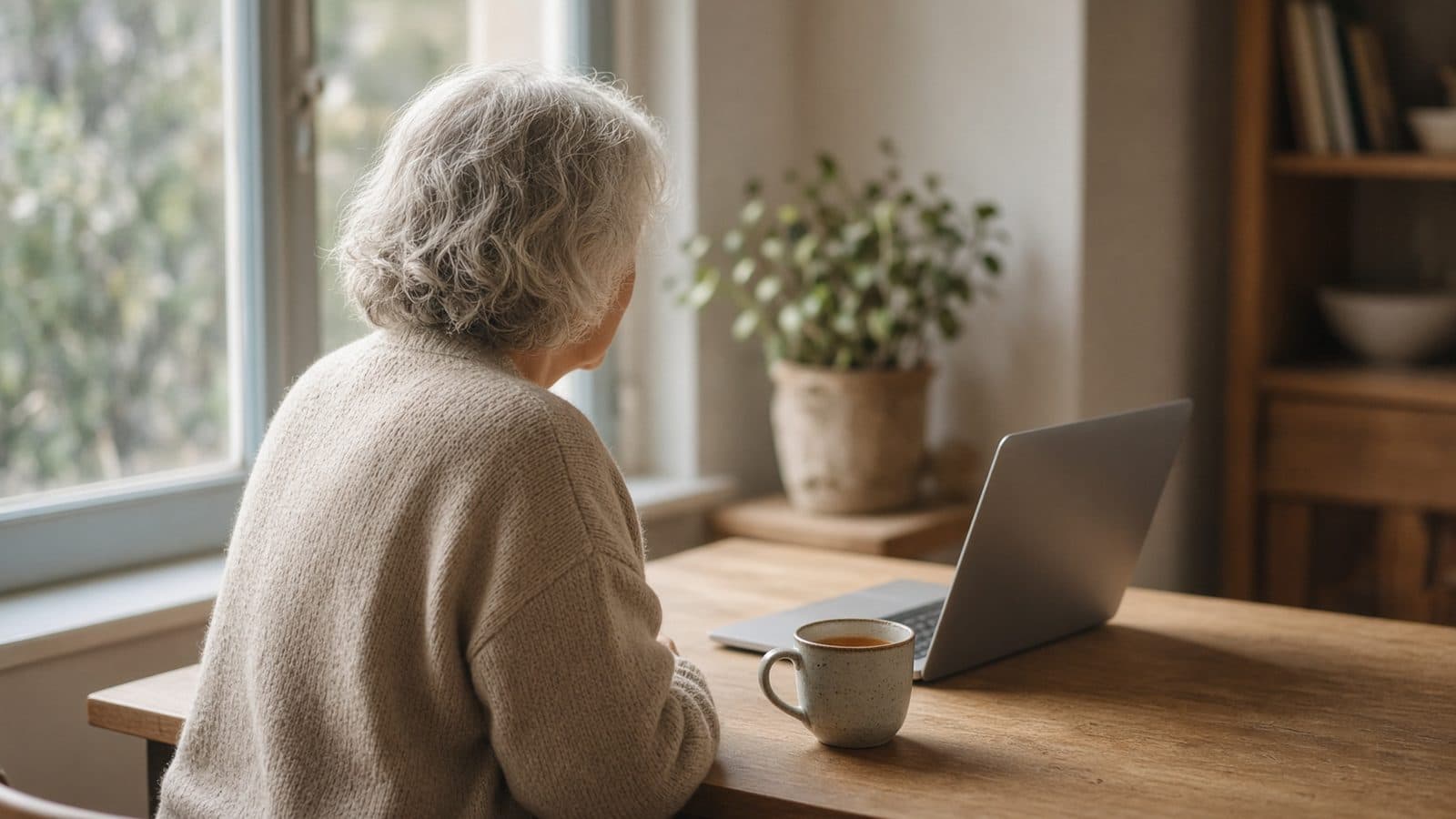 An older woman, seen from behind, sitting calmly at a table with a laptop and a cup of tea (AI illustration)