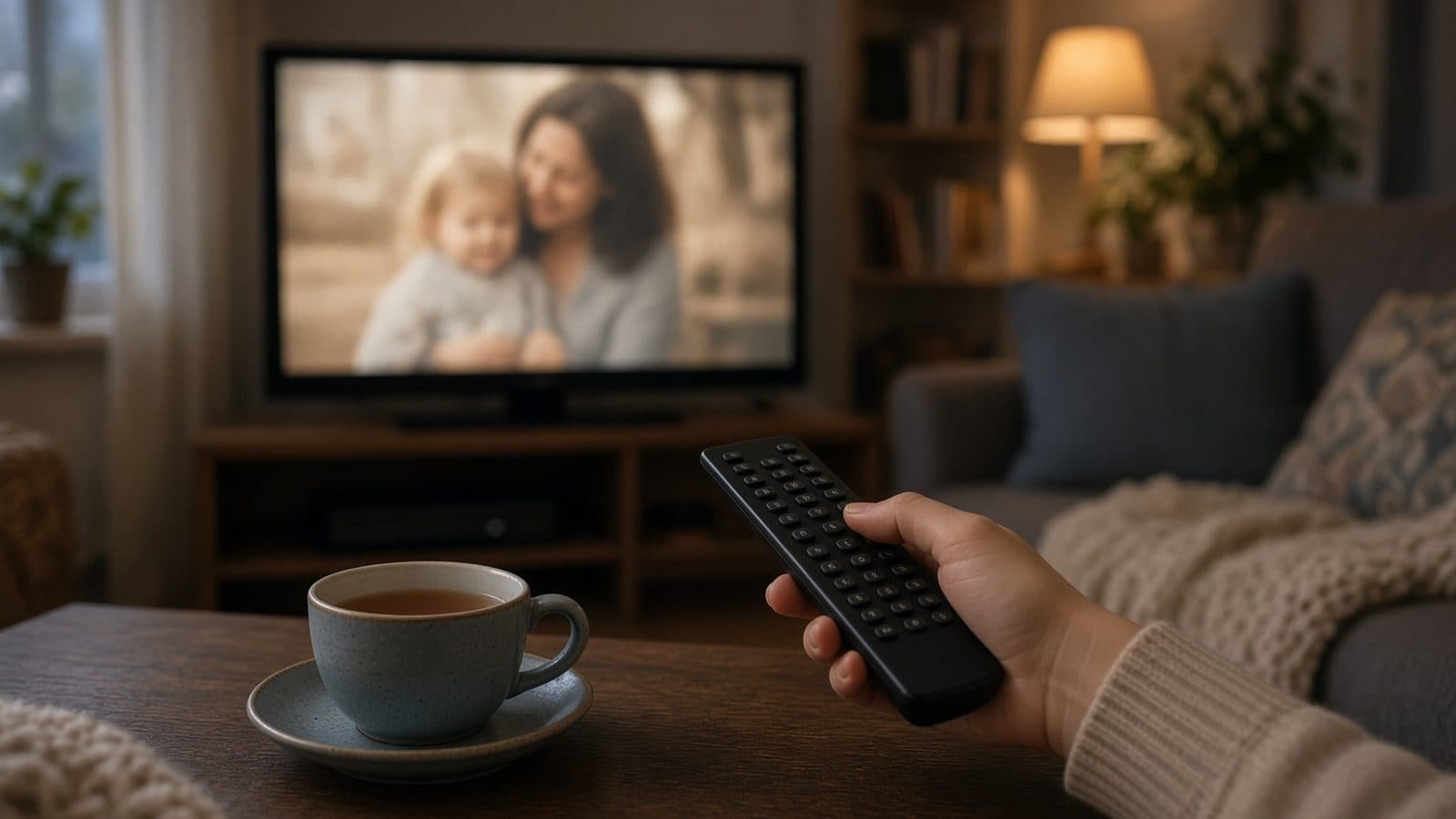 A television in a living room showing a family photo, with a remote control in the foreground (AI illustration)