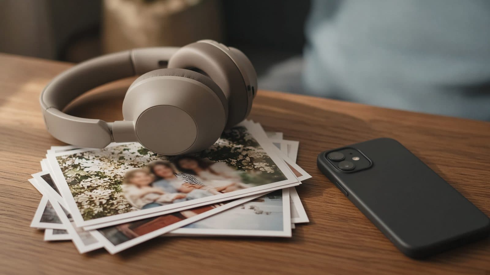 Een koptelefoon op een stapel afgedrukte familiefoto's, naast een telefoon (AI-illustratie)