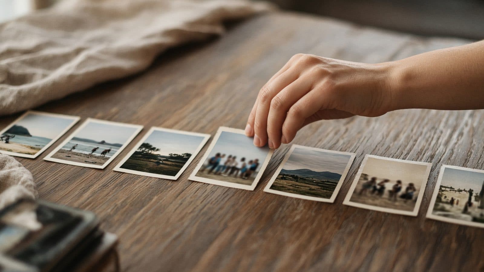 Een hand legt afgedrukte foto's in een rij op een houten tafel (AI-illustratie)