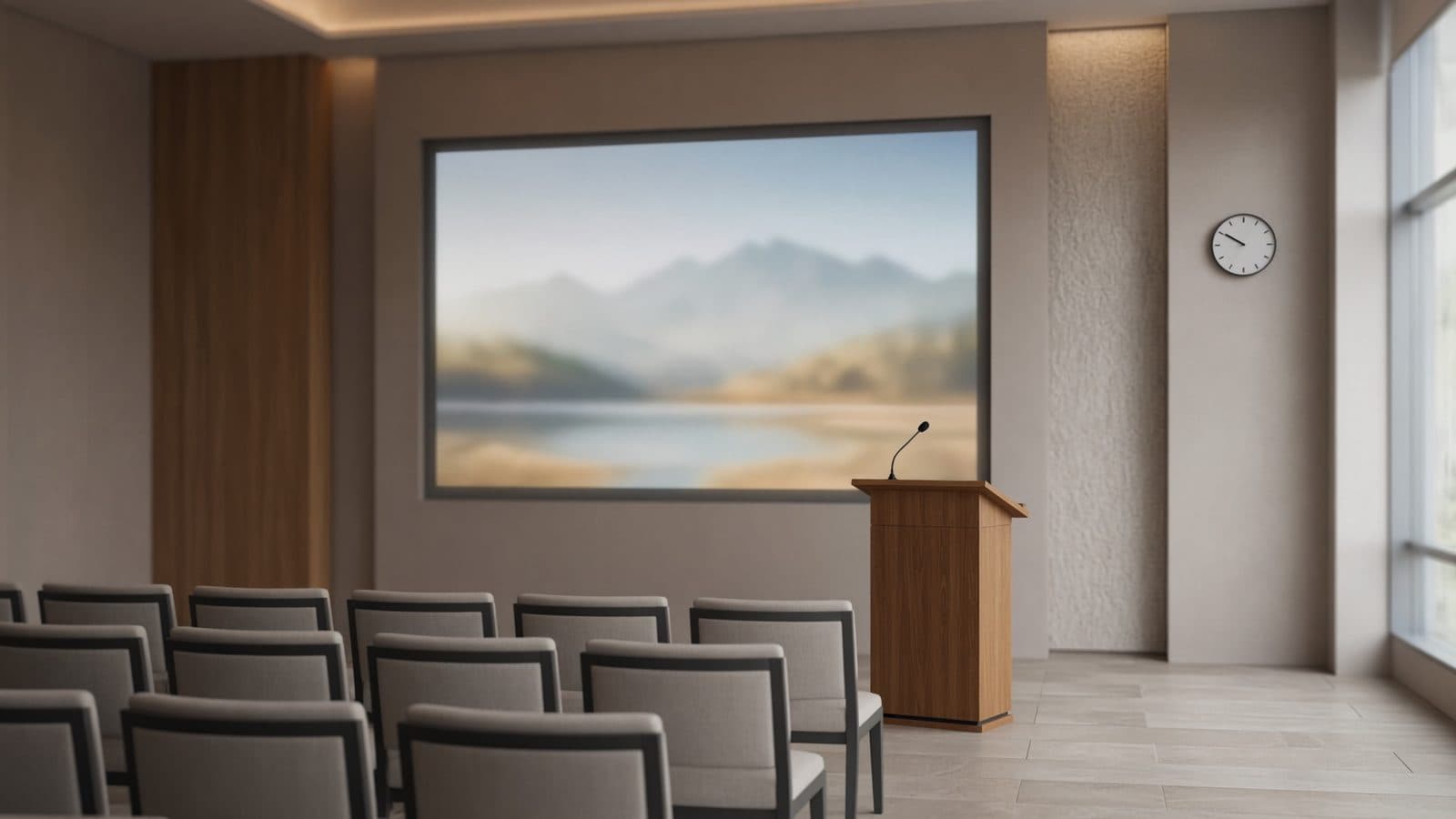 A ceremony hall with a large screen, a lectern, a clock and empty chairs (AI illustration)