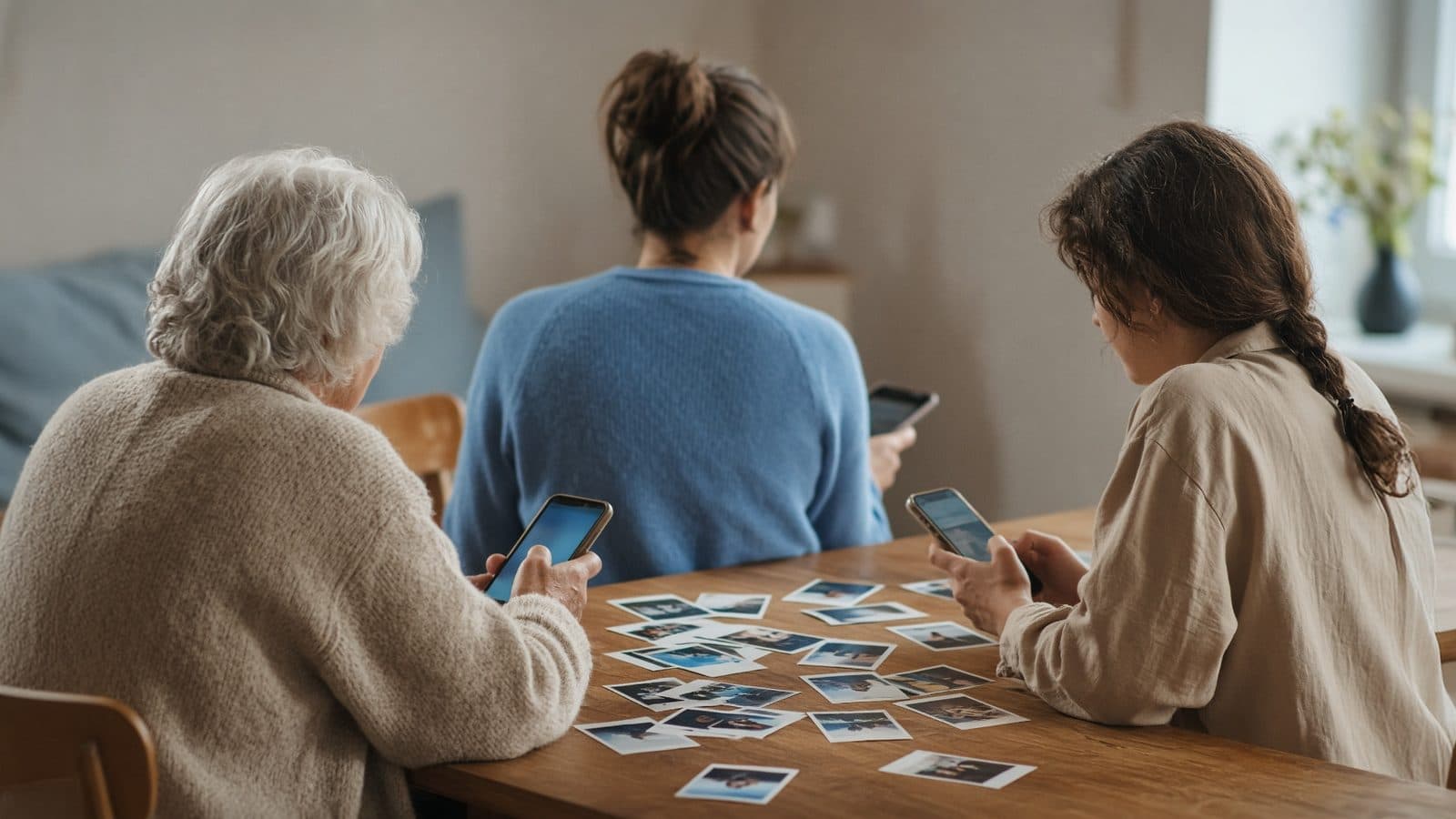 Drie mensen van verschillende leeftijden aan tafel, van achteren gezien, met telefoons en foto's (AI-illustratie)