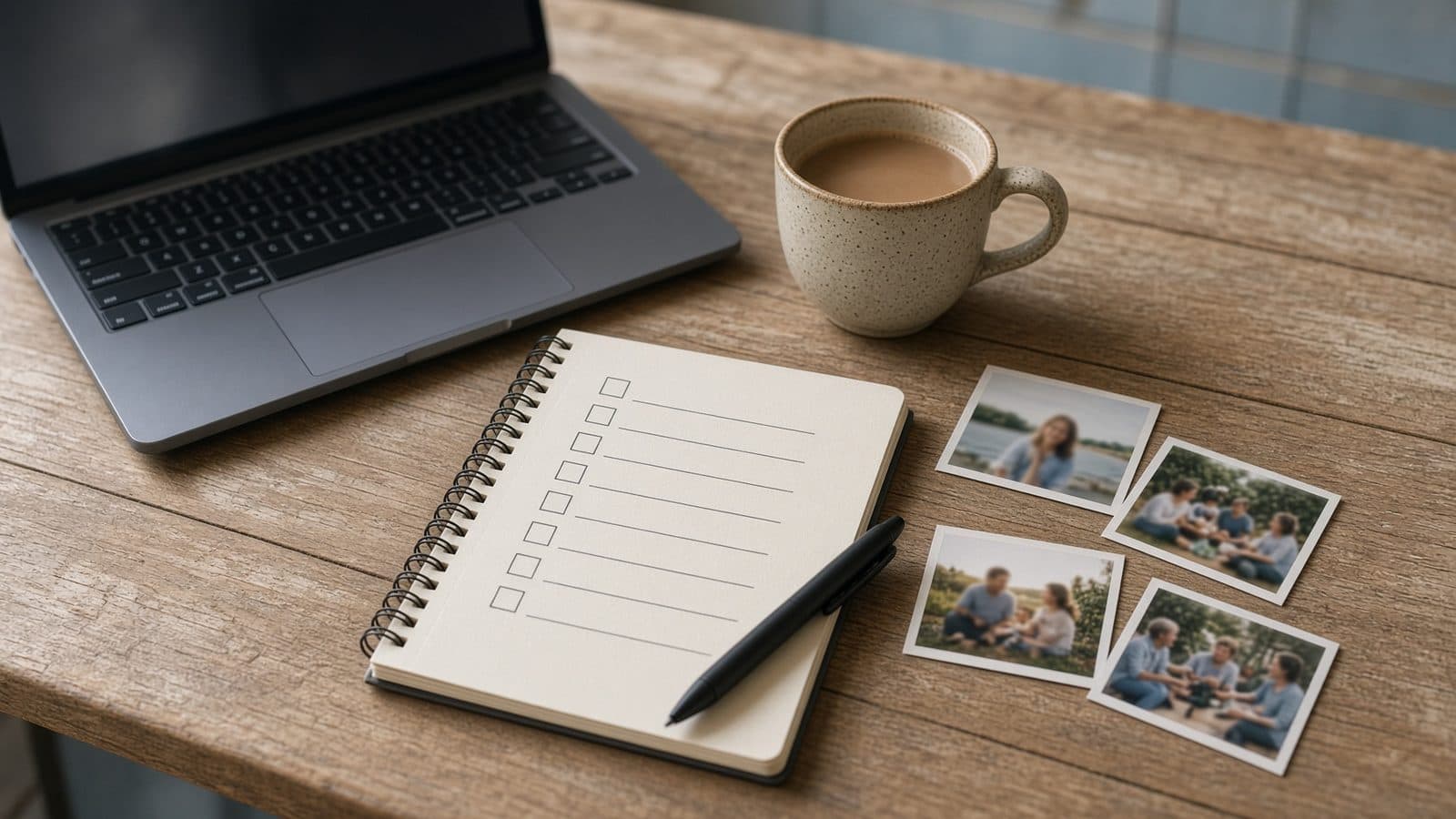 A laptop on a wooden table with a notebook, a pen, printed photos and a cup of coffee (AI illustration)