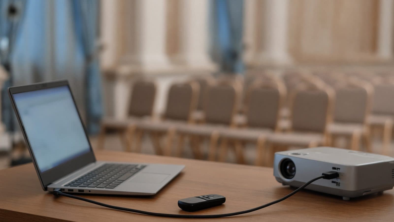 A laptop at the back of a hall, connected by cable to a projector, with a presenter remote beside it (AI illustration)