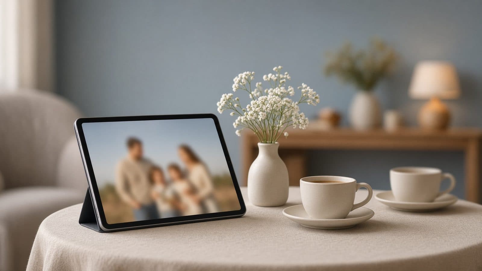 A tablet on a side table showing a family photo, next to flowers and coffee cups (AI illustration)