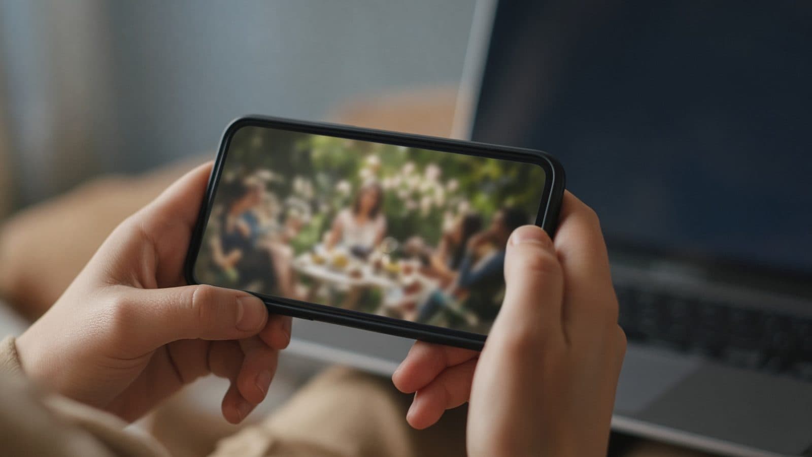 Twee handen houden een telefoon vast waarop een filmpje van een tuinfeest speelt (AI-illustratie)